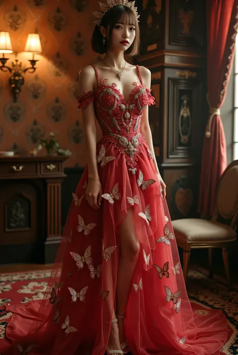 (((An elegant dress with all-over butterfly embroidery1.5))). Sexual atmosphere.
Dimly lit Western-style mansion late at night, Bewitching hall, bewitching space, seductive pose.
Super beautiful Japanese woman, makeup, light red lips, short bob hair, detai...