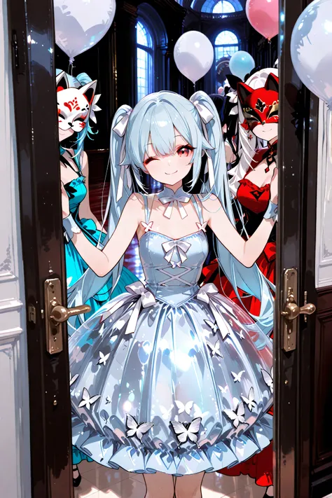 top quality、masterpiece、masquerade entrance hall、twin girls that look just like each other standing side by side wearing the same dress and mask。The dress is a light blue balloon skirt with a white ribbon、The mask has a silver butterfly motif。with the same...