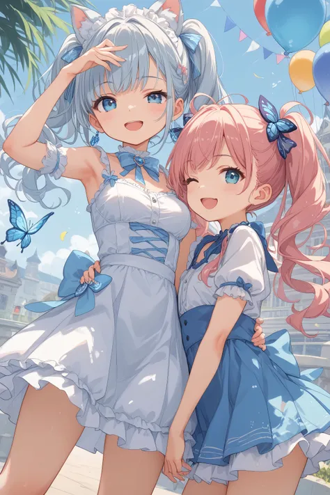 top quality、masterpiece、masquerade entrance hall、Twin busty girls who look just like each other wearing the same dress and mask stand side by side。The dress is a light blue balloon skirt with a white ribbon、The mask has a silver butterfly motif。with the same twin tails、different poses with a wink and smile on the left and right。Surprising participants in the background。cute and playful feeling、cute