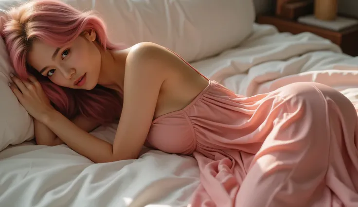 1girl, lying pose, Lying face down, pink dress, butt, on the bed 