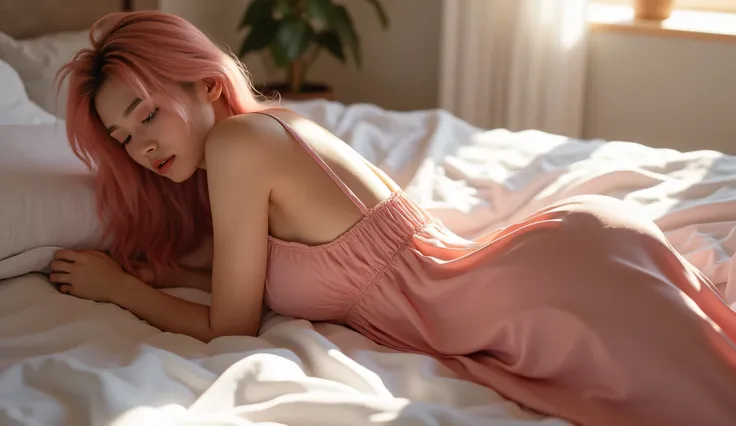 1girl, lying pose, Lying face down, pink dress, butt, on the bed 