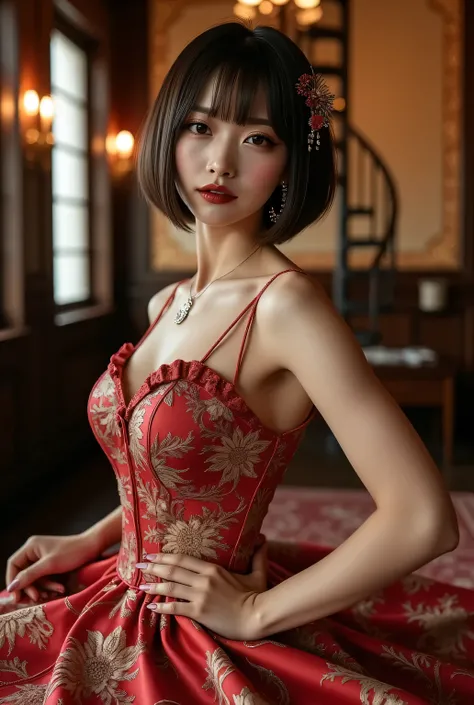 (((An elegant dress with all-over floral embroidery1.3))). Sexual atmosphere.
Dimly lit Western-style mansion late at night, Bewitching hall, bewitching space, seductive pose.
Super beautiful Japanese woman, makeup, light red lips, short bob hair, detailed...