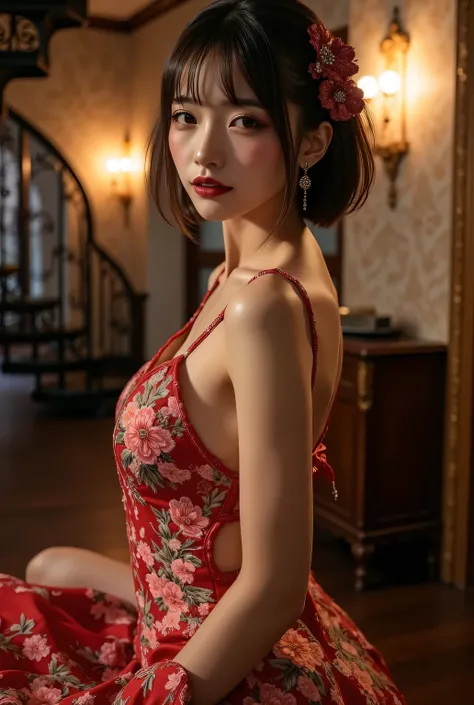 (((An elegant dress with all-over floral embroidery1.3))). Sexual atmosphere.
Dimly lit Western-style mansion late at night, Bewitching hall, bewitching space, seductive pose.
Super beautiful Japanese woman, makeup, light red lips, short bob hair, detailed...