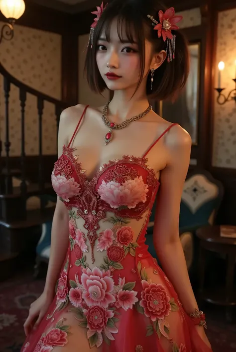 (((An elegant dress with all-over floral embroidery1.3))). Sexual atmosphere.
Dimly lit Western-style mansion late at night, Bewitching hall, bewitching space, seductive pose.
Super beautiful Japanese woman, makeup, light red lips, short bob hair, detailed...