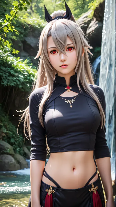 1girl, solo,eydish,red eyes,gray hair,long hair,outdoors,potrait,medium breast,forest,(half body:1.4),front view,standing under waterfall,waterfall background,looking at viewer,(potrait view:1.4),standing under waterfall(wear final fantasy outfit:1.4),(hai...