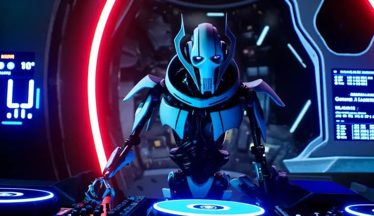 GeneralGrievous,Star wars style, toca musica electronica en una consola de dj en una nave espacialcyberpunk,robot,sci-fi,electronica,spaceship,dj,console,neon,futuristic,high-tech,detailed,intricate,dramatic lighting,cinematic,photorealistic,octane render,...