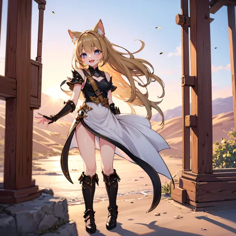 masterpiece, best quality, miqo'te girl from final fantasy xiv, seekers of the sun clan, tan skin, golden cat-like eyes, short fangs, long feline tail, standing tall ears, athletic and toned body, wearing tribal-style leather armor or light cloth outfit, g...