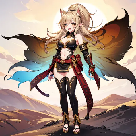 masterpiece, best quality, miqo'te girl from final fantasy xiv, seekers of the sun clan, tan skin, golden cat-like eyes, short fangs, long feline tail, standing tall ears, athletic and toned body, wearing tribal-style leather armor or light cloth outfit, g...
