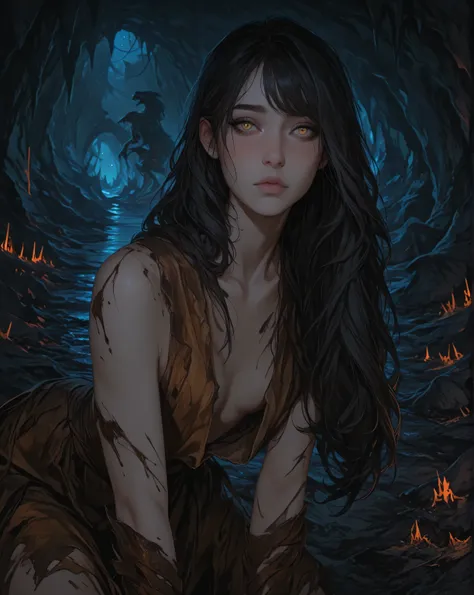 ((detailed cave background= cozzy cave, darkness, night, prehistoric)) high definition, masterpiece, best quality, very awa, newest, highres, absurdres, extremely detailed, highres, best aesthetic, high resolution, good colors, bright skin, woman, young, g...