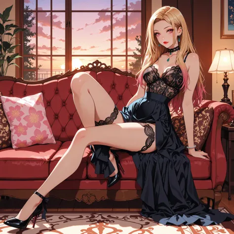 Masterpiece, best quality, soft light, sharp focus.(hyper realistic:1.4). (full body:1.5), (((solo))),

Marin Kitagawa(KJOmarin, blonde hair, long hair, pink eyes, earrings, ear piercing, multicolored hair),

(intricate all lace:1.6),

A fitted short black...