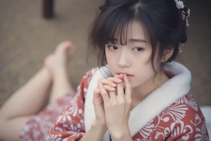 nsfw, ( masterpiece, best quality:1.2), Japanese girl in kimono, alone，Smile，melancholy eyes， gentle ，Dreamy， messy hair ，robe， kneeling，Barefoot，新婚初夜に寝室で夫をまつ