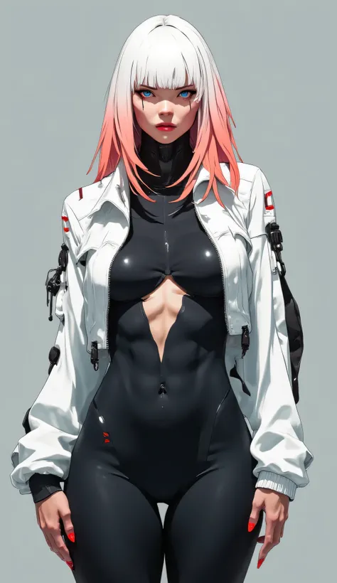 a beautiful woman with fair skin, dark blue eyes, well-defined and delicate lips, pearly white hair in a Jellyfish Cut style with straight bangs and salmon pink highlights making a gradient with red at the back, long matte red nails, red lipstick matching ...
