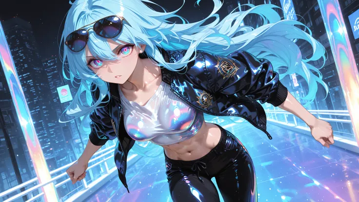 high resolution , high resolution , masterpiece , anime coloring , glossy skin , pants , shirt , jacket , open jacket , sunglasses , blue hair , iridescent eyes , flowing long hair . beautiful long hair , petite body, Abs ,、slightly larger breasts R...