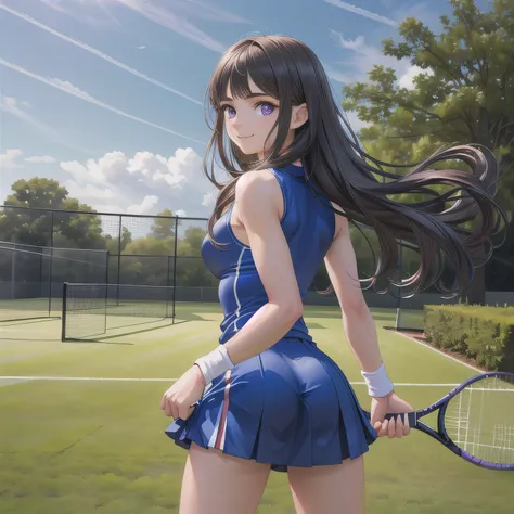 A young female tennis player in a sleek blue outfit stands ready, gripping her racket with both hands in a poised stance. Sunlight accentuates the crisp lines of her attire and the polished strings of the racket. Her determined gaze locks onto an unseen op...