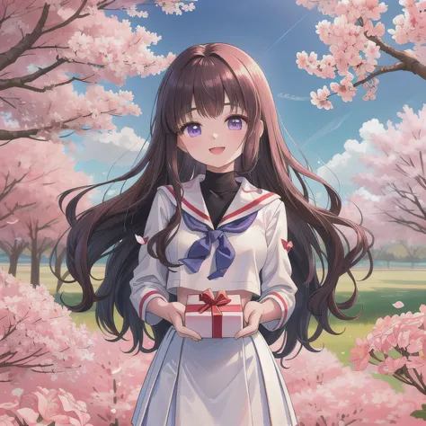 A breathtakingly beautiful 20-year-old woman stands in a lush park filled with cherry blossoms in full bloom beneath a clear blue sky. She wears a classic sailor uniform and gently holds a small, neatly wrapped gift box adorned with a red ribbon. Her radia...