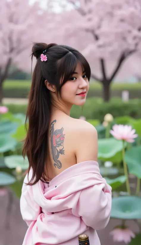 A young woman with long, flowing black hair, adorned with pink cherry blossom accents, gazes over her shoulder. She wears a delicate pink kimono featuring floral patterns, revealing intricate tattoos of pink lotuses and a dragon on her back. Standing in se...