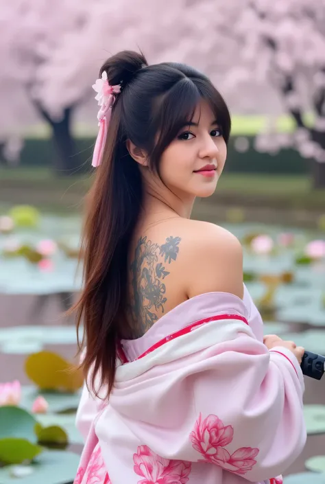 A young woman with long, flowing black hair, adorned with pink cherry blossom accents, gazes over her shoulder. She wears a delicate pink kimono featuring floral patterns, revealing intricate tattoos of pink lotuses and a dragon on her back. Standing in se...
