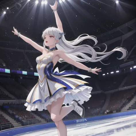 長い髪、黒髪、紫の目。Depict a 20-year-old, stunningly beautiful woman gracefully gliding across the ice in a grand skating arena. She wears an elegant and intricately designed figure skating dress, adorned with shimmering details that reflect the arena lights. Her e...