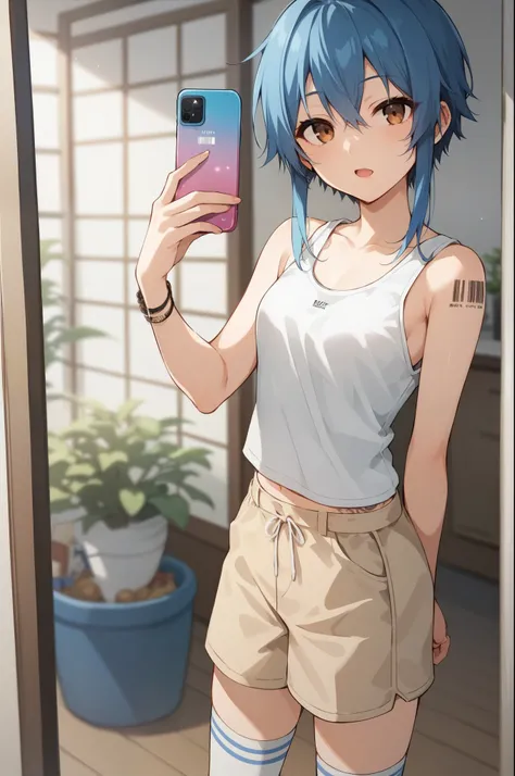score_9, score_8_up, score_7_up, score_6_up, Source_Anime, nsfw，young Japanese petite woman with blue hair and brown eyes holding a cell phone，Short Height，skinny，sexy Japanese woman with blue hair and blue glowing eyes、tank top，tattoo、barcode on lower abd...