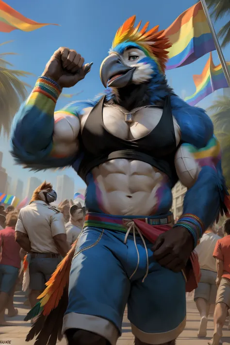 ((By Zaush)), ((By Chunie)), ((By Darkgem)), handsome, sexy, hot, muscular male anthro furry, ((Macaw)), celebrating at a pride day festival in the city. Male, furry, Bird, muscular, muscular male, masculine, muscles, beak, abs, pecs, biceps, clothing, wea...