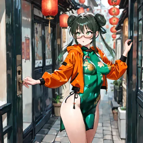 ((1girl,solo,darkgreen-long-hair,green-eyes,horizontal pupils:1.2,orange-hooded-jacket,under-rim-eyewear,open jacket,hood down)),random pose,, , (exhibitionist, exhiitionism,covered nipple,covered crotch),nude naked tight fitting Painted clothes shaped lik...