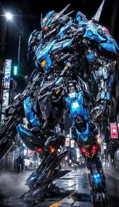 (Meisterwerk:1 . 2 , best quality) , (Magazin-Cover) , (color magazine cover with lots of text) , A breathtaking photorealistic depiction of a robot transformer, originally a chrome blue Lamborghini with black racing stripes, standing in the middle of a n...