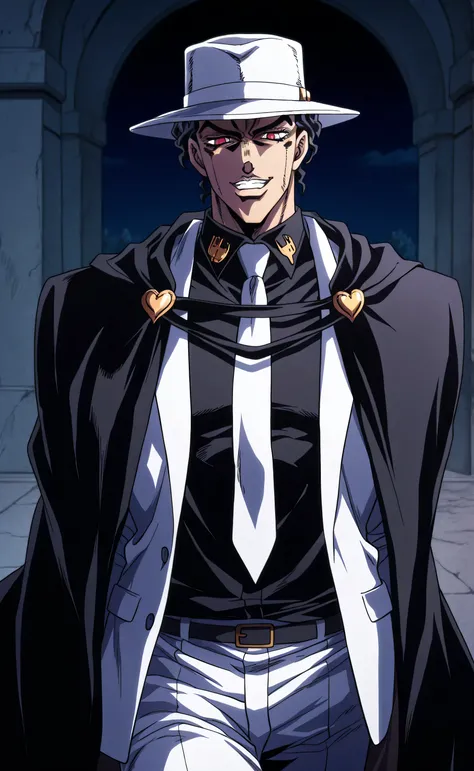 1male,solo,Muzan Kibutsuji,black hair,short hair,curly hair,devil eyes,red eyes,evil smile,white suit,Black shirt,white necktie,white pants,white fedora hat,black cape,big muscle,tomb background,night,Jojo's Bizarre Adventure Style