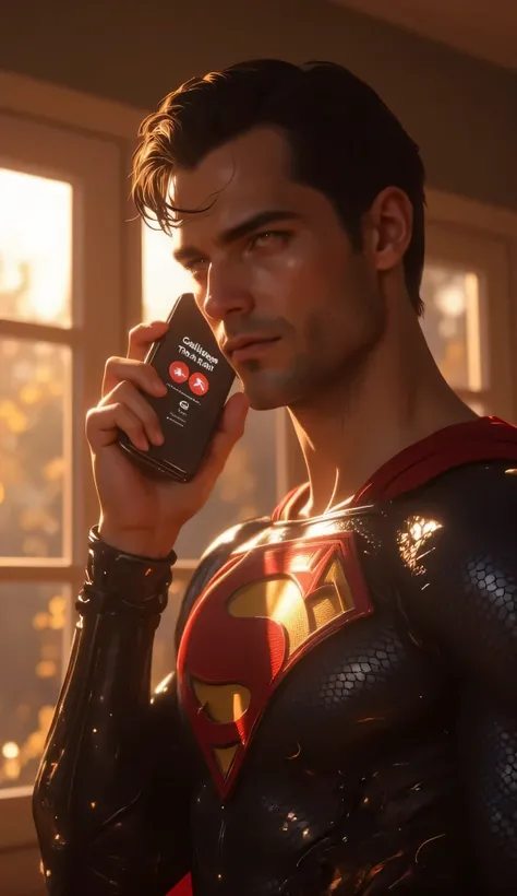A hyper-realistic, ultra-detailed 8K cinematic zoomed-in shot of Superman standing inside a warmly lit home in the morning. He holds a sleek iPhone to his ear, the screen displaying "Calling: The Flash" or "On Call: The Flash." Superman's expression is cal...