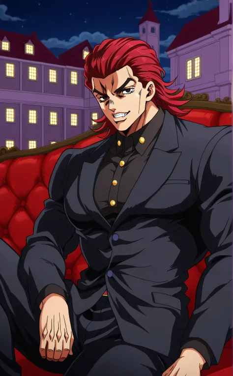 1male,solo,Yujiro Hanma,red hair,medium hair,slicked back,black eyes,Evil grin,feng,black suit,black shirt,big muscle,sitting on sofa,luxury mansion,night,Jojo's Bizarre Adventure Style