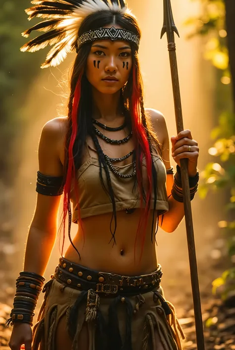 A fierce warrior woman standing in a sunlit forest,wearing a Native American-inspired outfit. She wears a majestic feathered headdress with long black and white feathers,adorned with a geometric-patterned tribal headband. Her long hair is braided,with vibr...