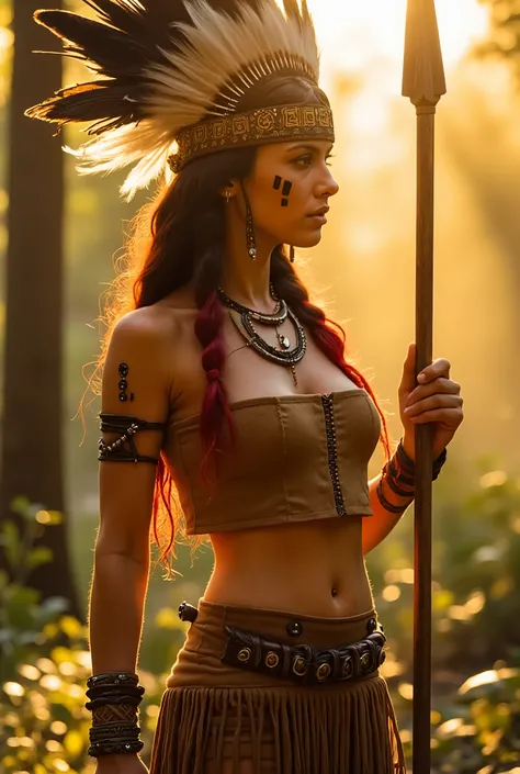 A fierce warrior woman standing in a sunlit forest,wearing a Native American-inspired outfit. She wears a majestic feathered headdress with long black and white feathers,adorned with a geometric-patterned tribal headband. Her long hair is braided,with vibr...