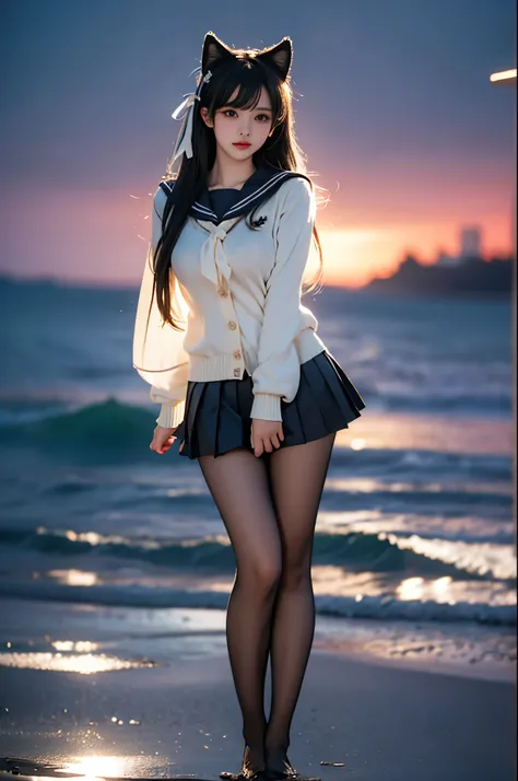 atago, 1girl, solo, atago \(azur lane\), cosplay, mole under eye,animal ears, very long hair,bangs, sidelocks, hair ribbon,school uniform,cardigan, sailor collar, serafuku, long sleeves, pleated skirt, pantyhose, ,,((full body, from below)), (masterpiece, ...