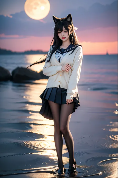 atago, 1girl, solo, atago \(azur lane\), cosplay, mole under eye,animal ears, very long hair,bangs, sidelocks, hair ribbon,school uniform,cardigan, sailor collar, serafuku, long sleeves, pleated skirt, pantyhose, ,,((full body, from below)), (masterpiece, ...