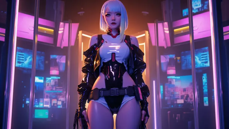 ((manga art style cowboy shot) of (perfect Asian cyberpunk girl wearing detailed Harajuku clothing with corporate logos))), (((dynamic pose))), ((LED lights)), ((manga drawing)), ((cinematic lighting)), ((chiaroscuro)), warm colours, perfect features, abst...