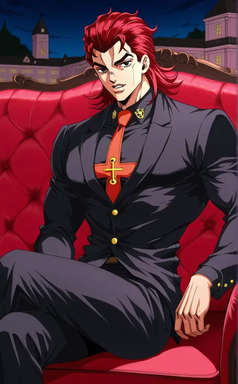 1male,solo,Yujiro Hanma,red hair,medium hair,slicked back,black eyes,Sinister smile,feng,black suit,black shirt,Massive musclese,sitting on sofa,cross legs,luxury mansion,night,Jojo's Bizarre Adventure Style