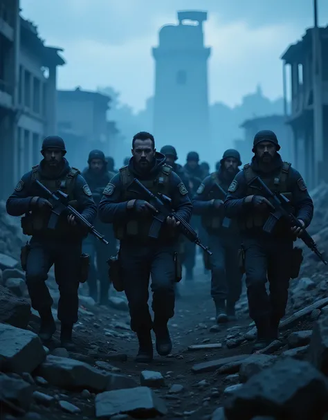 **Prompt:**    Create a hyperrealistic and intricately detailed digital artwork depicting a group of intimidating soldiers marching through a war-torn landscape during the night. Focus on their full human bodies, each holding assault rifles, as they move c...