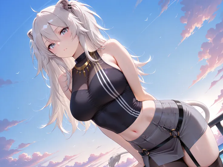 olo,masterpiece,best quality, amazing quality, highres, absurdres, very aesthetic, high resolution, ultra detailed, perfect details,botanIL, ear piercing, lion tail,botandef, long hair, navel, hair between eyes, two side up, black shirt, midriff, grey skir...