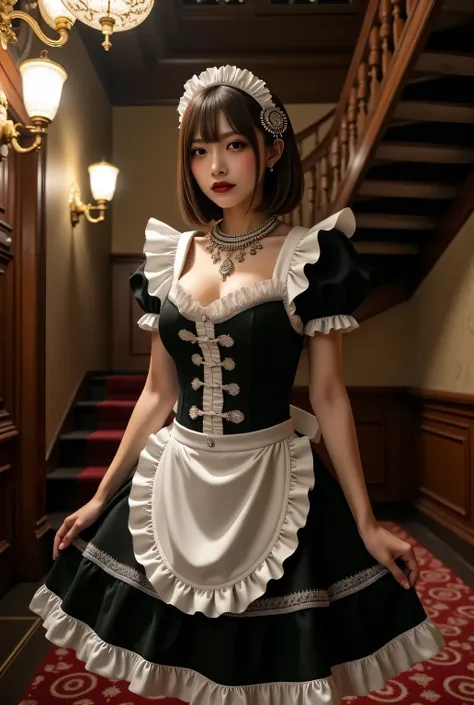 (((Elegant A-line maid uniform:1.3))). Thighs wearing pantyhose, circular skirt. Sexual atmosphere.
Dimly lit Western-style mansion late at night, Bewitching hall, bewitching space, seductive pose.
Super beautiful Japanese woman, makeup, light red lips, sh...