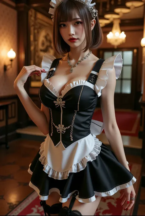 (((Elegant A-line maid uniform:1.3))). Thighs wearing pantyhose, circular skirt. Sexual atmosphere.
Dimly lit Western-style mansion late at night, Bewitching hall, bewitching space, seductive pose.
Super beautiful Japanese woman, makeup, light red lips, sh...