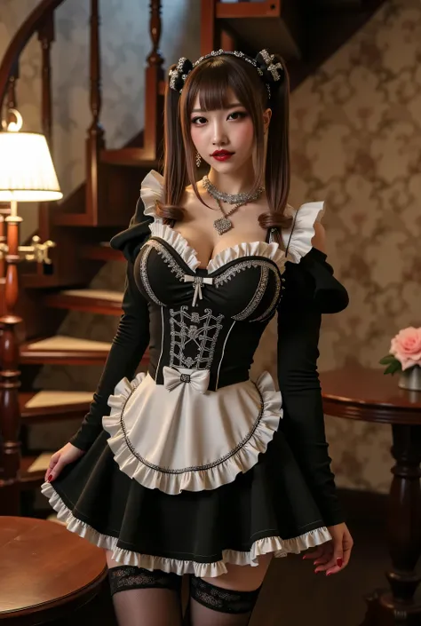 (((Elegant A-line maid uniform:1.3))). Thighs wearing pantyhose, circular skirt. Sexual atmosphere.
Dimly lit Western-style mansion late at night, Bewitching hall, bewitching space, seductive pose.
Super beautiful Japanese woman, makeup, light red lips, tw...