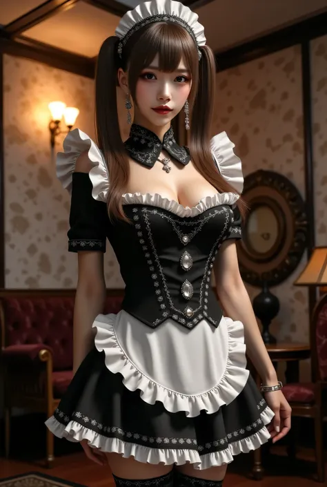 (((Elegant A-line maid uniform:1.3))). Thighs wearing pantyhose, circular skirt. Sexual atmosphere.
Dimly lit Western-style mansion late at night, Bewitching hall, bewitching space, seductive pose.
Super beautiful Japanese woman, makeup, light red lips, tw...