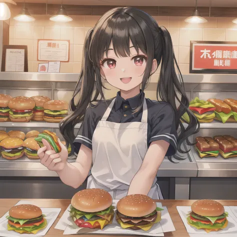 長い髪、黒髪、紫の目。She is a cheerful girl working behind the counter at a cozy burger shop. She is wearing a cute burger shop uniform and smiling warmly at the customers. The background shows a bright and clean fast food counter with menu boards.