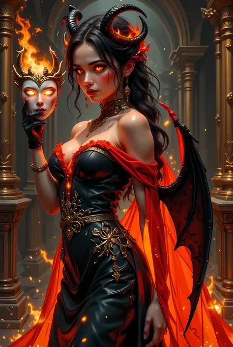 a comic fantasy art of a female devil ((holding angelic white masquerade mask: 1.3)) in a masquerade ball, wearing black leather dress, elegant dress,  ((full body: 1.5)), exotic beautiful female devil((anatomically correct: 1.5), (ultra detailed face: 1.2...