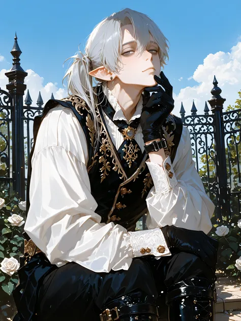 face, portrait, face focus, standing, focused expression, looking at viewer, hand on chin, stiff posture, 1boy, (femboy), mature, solo, pale, pointy ears, grey eyes, silver hair, (high side ponytail), vest, tunic, ((black slacks)), gloves, cuff links, knee...
