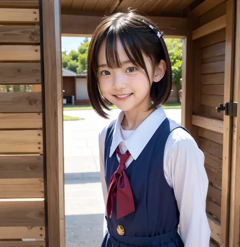 S, please line up quietly before entering the classroom, elementary school student, girls,cute, masterpiece, details,smile