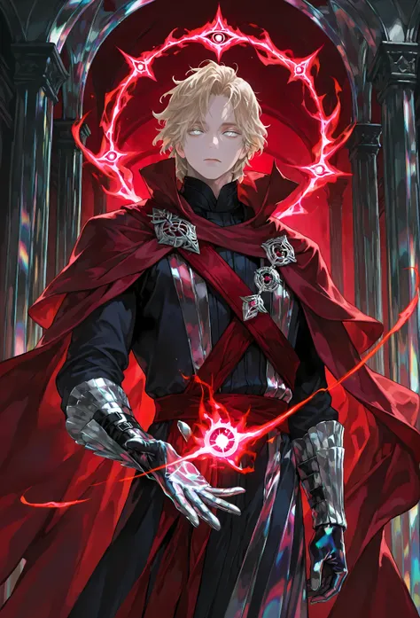 8k, beautiful masterpiece, looking out at the front, alone, pale skin, Perfect Eyes shape, Athletic Build, ((He wears: Black Doctor Strange Robes, Eye of Agamotto Amulet, Dark Red Cape with Cowl, Mystic Gloves, Dark Red Sash)), (((background is vast magic ...