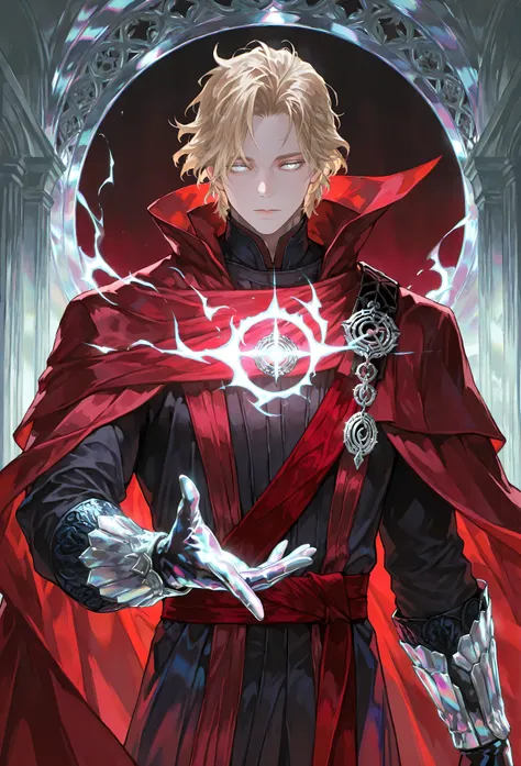 8k, beautiful masterpiece, looking out at the front, alone, pale skin, Perfect Eyes shape, Athletic Build, ((He wears: Black Doctor Strange Robes, Eye of Agamotto Amulet, Dark Red Cape with Cowl, Mystic Gloves, Dark Red Sash)), (((background is vast magic ...