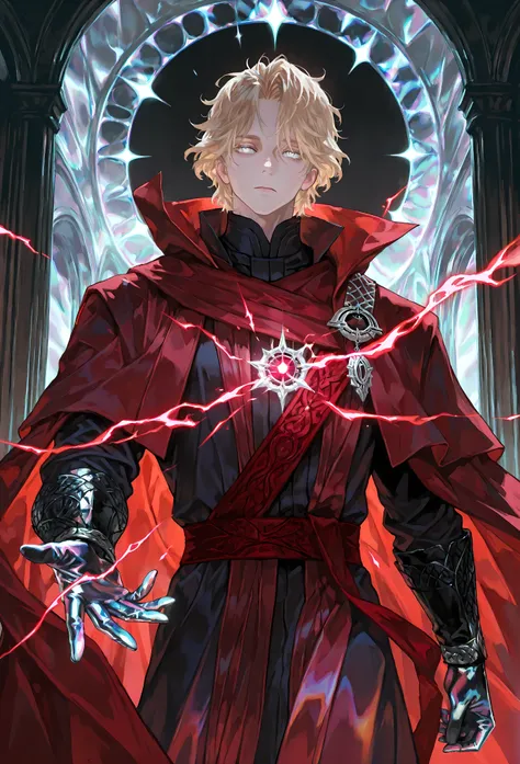 8k, beautiful masterpiece, looking out at the front, alone, pale skin, Perfect Eyes shape, Athletic Build, ((He wears: Black Doctor Strange Robes, Eye of Agamotto Amulet, Dark Red Cape with Cowl, Mystic Gloves, Dark Red Sash)), (((background is vast magic ...