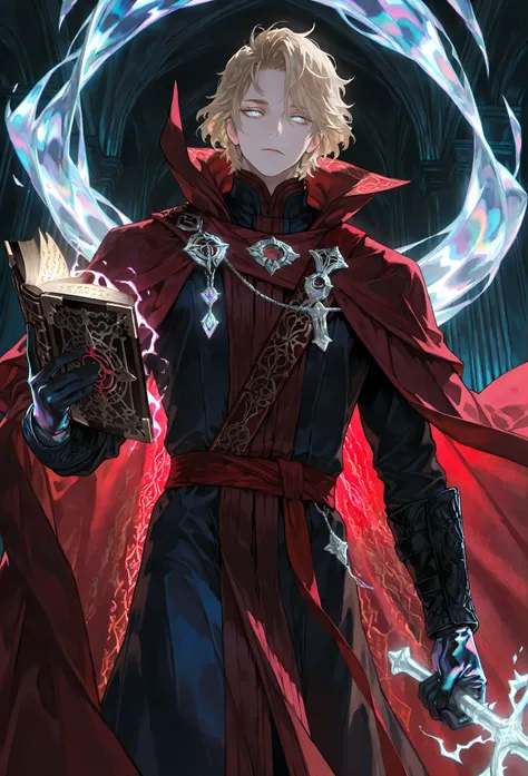 8k, beautiful masterpiece, looking out at the front, alone, pale skin, Perfect Eyes shape, Athletic Build, ((He wears: Black Doctor Strange Robes, Eye of Agamotto Amulet, Dark Red Cape with Cowl, Mystic Gloves, Dark Red Sash)), (((background is vast magic ...