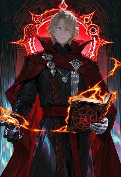 8k, beautiful masterpiece, looking out at the front, alone, pale skin, Perfect Eyes shape, Athletic Build, ((He wears: Black Doctor Strange Robes, Eye of Agamotto Amulet, Dark Red Cape with Cowl, Mystic Gloves, Dark Red Sash)), (((background is vast magic ...